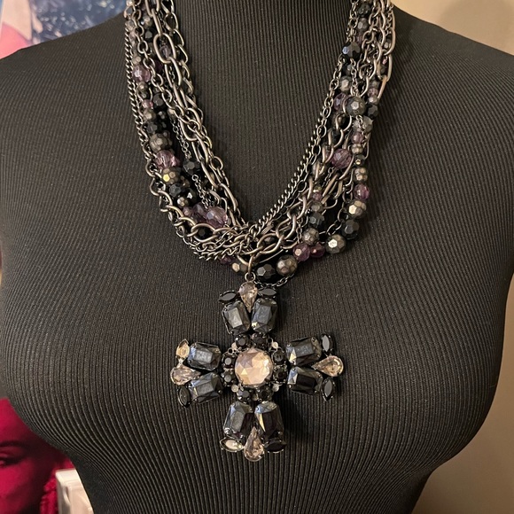 Jewelry - Stunning, dark blue black and purple, multi strand cross neck…